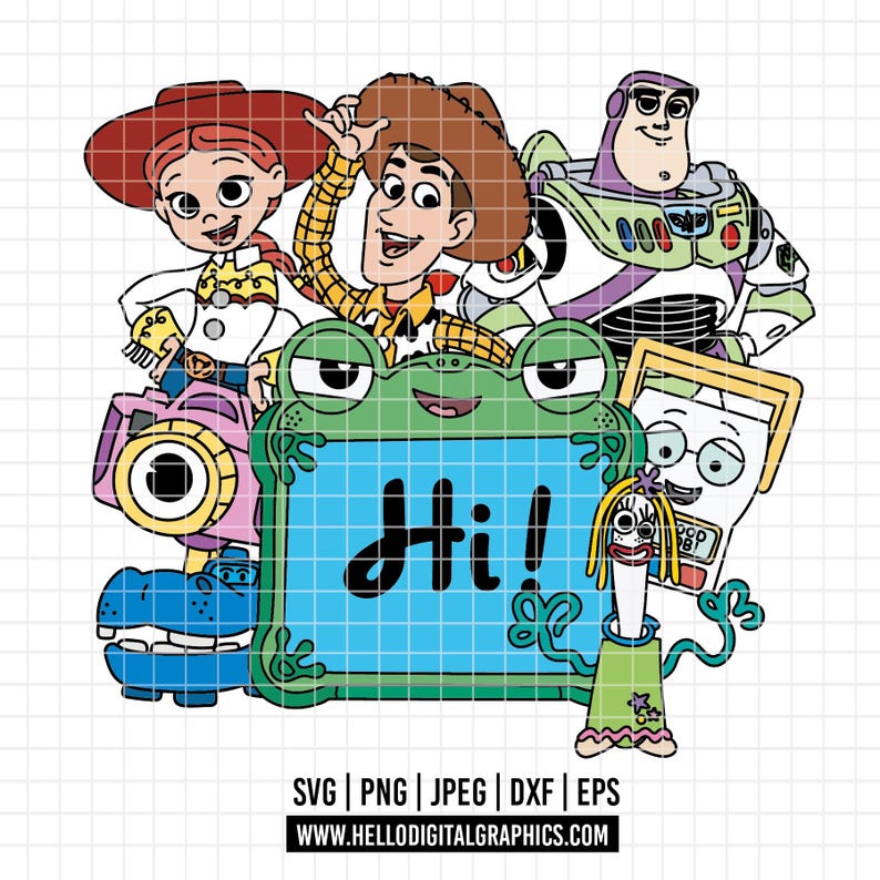 May include: A digital illustration featuring characters from the Toy Story franchise. Woody, Buzz Lightyear, Jessie, and other characters are depicted. A frog holds a sign that says "Hi!" in black letters. The image includes file type information.