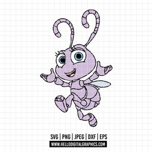 May include: A digital illustration of a light purple ant character with large blue eyes, long antennae, and a smiling expression. The character is depicted in a dynamic pose with arms outstretched. Text at the bottom reads: SVG | PNG | JPEG | DXF | EPS | WWW.HELLODIGITALGRAPHICS.COM