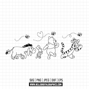 Könnte beinhalten: Schwarz-weiße Strichzeichnung von Winnie Puuh, Ferkel, Eeyore und Tigger beim Laufen. Über den Figuren sind Bienen und Herzformen gezeichnet. Das Bild enthält die Dateitypen SVG, PNG, JPEG, DXF und EPS sowie eine Website-Adresse.