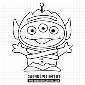 May include: A black and white line drawing of a three-eyed alien character with an antenna, large ears, and crossed arms. The alien is smiling and has a small, round body. The image includes file type icons and a website address.