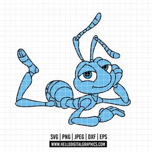 Könnte beinhalten: Eine hellblaue Cartoon-Ameisenillustration mit dunkelblauen Umrissen, die liegend dargestellt ist und den Kopf mit einer Hand stützt. Das Bild zeigt einen Rasterhintergrund und den Text SVG | PNG | JPEG | DXF | EPS sowie WWW.HELLODIGITALGRAPHICS.COM unten.