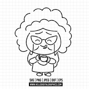 May include: A black and white cartoon illustration of a smiling elderly person wearing glasses and holding a cup. The person has curly hair and is wearing a dress. The image includes file type icons and a website address.