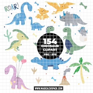 May include: A digital collection of 154 dinosaur clipart illustrations in PNG and EPS formats. The set features various colorful cartoon dinosaurs, a volcano, palm tree, bones, and the text ROAR! and 154 DINOSAUR CLIPART PNG - EPS.