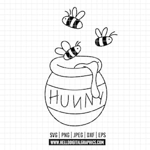 May include: Black and white line art illustration of a honey pot with the word "HUNNY" on the front, with three bees flying around it. The image includes file type information and a website address.