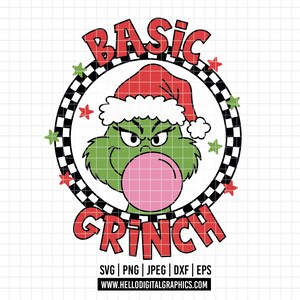 Puede incluir: Un personaje de dibujos animados verde con un gorro de Papá Noel soplando una burbuja rosa. Las palabras "BASIC GRINCH" están en rojo, con un círculo a cuadros blanco y negro alrededor del personaje. Estrellas verdes y rojas están dispersas.