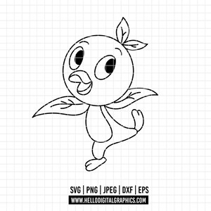 Puede incluir: Una ilustración de arte lineal en blanco y negro de un pájaro de dibujos animados con cabeza redonda, ojos grandes, pico abierto y hojas en la cabeza y las alas. El texto en la parte inferior dice SVG | PNG | JPEG | DXF | EPS y WWW.HELLODIGITALGRAPHICS.COM.