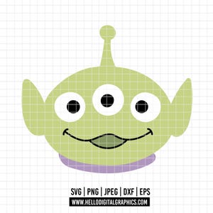 May include: A light green alien character head graphic with three white eyes, black pupils, pointed ears, and an antenna. The character has a wide smile and a purple collar. Text at the bottom reads SVG | PNG | JPEG | DXF | EPS WWW.HELLODIGITALGRAPHICS.COM