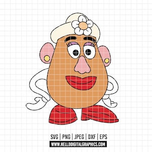 Può includere: Un'illustrazione a cartoni animati di Mrs. Potato Head. Ha una testa a forma di patata color beige, orecchie rosa, un naso rosa e labbra rosse. Indossa un cappello color crema con un fiore e scarpe rosse. L'immagine include informazioni sul tipo di file.