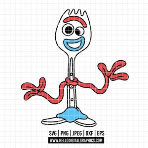 May include: A cartoon illustration of Forky from Toy Story. The character is a white fork with a red smile, eyebrows, and arms. It has two black eyes, a blue mouth, and a blue base. A red ribbon is tied around the neck. The image includes file type icons and a website address.