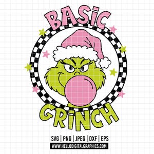 Puede incluir: Gráfico de dibujos animados del Grinch con un gorro de Papá Noel rosa y soplando una burbuja rosa. Las palabras "BASIC GRINCH" están arriba y abajo del Grinch, rodeadas por un círculo a cuadros blanco y negro y estrellas.