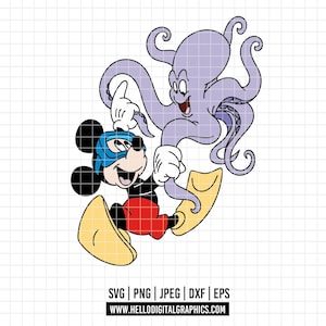 May include: A cartoon illustration featuring Mickey Mouse in a superhero mask and an octopus. Mickey is wearing red shorts, yellow shoes, and white gloves. The octopus is purple. The image includes the text "SVG | PNG | JPEG | DXF | EPS" and the website address.