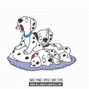 May include: A cartoon illustration of three Dalmatian puppies. One is yawning, another is smiling, and the third is sleeping. They are lying on a purple rug. The image includes file type information and a website address.
