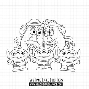 Può includere: Disegno a tratto nero e bianco della famiglia Signor Patata e tre piccoli alieni di Toy Story. L'immagine include il testo "SVG | PNG | JPEG | DXF | EPS" e "WWW.HELLODIGITALGRAPHICS.COM".