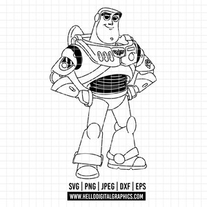 Può includere: Disegno a tratto in bianco e nero di Buzz Lightyear, personaggio di Toy Story. L'immagine mostra Buzz nella sua tuta spaziale, con le braccia incrociate. L'immagine include i tipi di file SVG, PNG, JPEG, DXF ed EPS, e un indirizzo web.