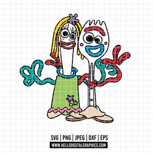May include: A colorful cartoon illustration of two anthropomorphic forks. One fork has yellow hair, a green dress, and a blue collar. The other fork has a white body with a red mouth and blue smile. The image includes the text "SVG | PNG | JPEG | DXF | EPS" and "WWW.HELLODIGITALGRAPHICS.COM".