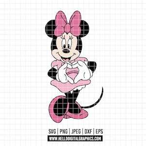 Puede incluir: Ilustración de dibujos animados de Minnie Mouse con un vestido y lazo rosa, formando un corazón con sus manos. La imagen es en blanco, negro y rosa, con el texto "SVG | PNG | JPEG | DXF | EPS" y una dirección web en la parte inferior.