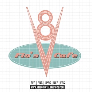 Puede incluir: Un logotipo de estilo retro para "Flo's Cafe" con un diseño estilizado de motor V8 rosa sobre un óvalo turquesa. El nombre del café está en rosa. La imagen incluye información de tipo de archivo: SVG, PNG, JPEG, DXF, EPS y una dirección web.