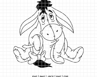 Puede incluir: Dibujo lineal en blanco y negro de Ígor, un personaje de Winnie the Pooh, sentado con una expresión triste. La imagen es un diseño digital, adecuado para varios proyectos de manualidades. La parte inferior de la imagen incluye información sobre el tipo de archivo y una dirección web.