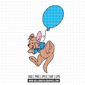 May include: A cartoon illustration of a kangaroo holding a blue balloon. The kangaroo is light brown with a pink ear and a blue scarf. The balloon is a solid blue color with a grid pattern.