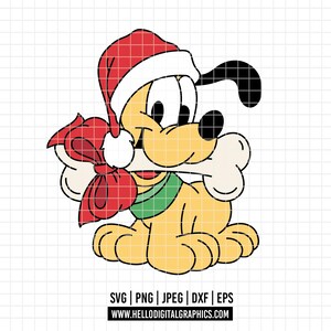 Könnte beinhalten: Cartoon-Illustration eines gelben Hundes mit rotem Weihnachtsmannhut und grünem Kragen, der einen Knochen im Maul hält. Eine rote Schleife ist um ein Geschenk gebunden. Der Text "SVG | PNG | JPEG | DXF | EPS" und "WWW.HELLODIGITALGRAPHICS.COM" ist enthalten.