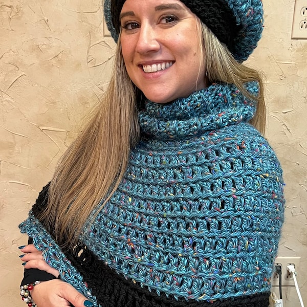 Teal Capelet and Beanie Hat Cozy Chunky Cowl Shrug Poncho Capelette