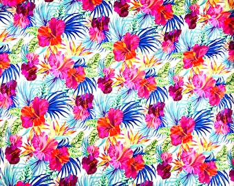 White Hot Pink Tropical Floral Print Spandex 4-way Stretch