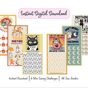 Puede incluir: Un conjunto de seis mini desafíos de ahorro con ilustraciones de gatos. Cada tarjeta presenta diseños únicos, incluyendo gatos con café, yoga y soporte técnico. Las tarjetas son de tamaño A6, aproximadamente 7.6 cm x 15.2 cm, y están disponibles para descarga digital instantánea.