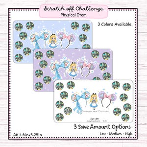 May include: Three rectangular scratch-off challenge cards in blue, purple, and white, each featuring Alice in Wonderland and Mickey Mouse ear designs. The cards are 6 inches by 3.25 inches and have 3 save amount options.