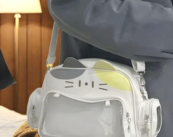 Cat-Themed Ita Bag, Clear Pocket Pin Display, Minimalist Shoulder Bag