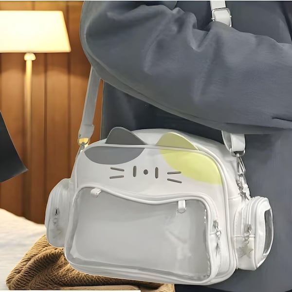 Cat-Themed Ita Bag, Clear Pocket Pin Display, Minimalist Shoulder Bag