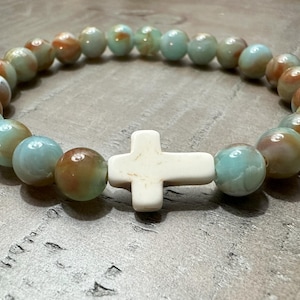 Aqua & Brown Glass Beaded Cross Bracelet - Christian Faith Jewelry