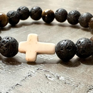 Lava Stone & Tiger’s Eye Christian Bracelet with White Cross – Handmade Stretch Beaded Faith Jewelry (S, M, L Sizes) Salt and Light Merch