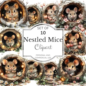 Mouse Hole Clipart Set, Nature Mice in Hole Watercolor clipart, Cottagecore Mouse Sublimation PNG Design, Cozy Animal Mouse Digital download