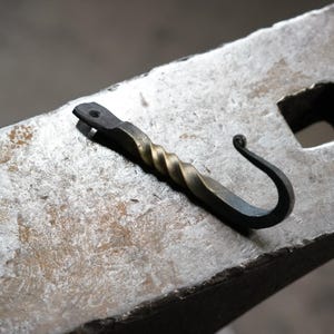 May include: A black metal hook with a twisted design, resting on a metal surface. The hook has a small hole near the top and a rounded end.