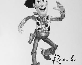 Woody drawing with reach for the stars iconic quote, digital art.