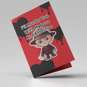 Cartões de felicitações, cartão de dia dos namorados de Freddy Kruger, humor negro, fofo assustador, corações sangrentos, dia dos namorados de terror, cartão de aniversário gótico,