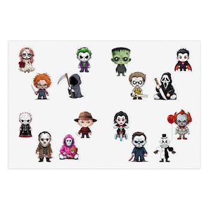 Cute Chibi Horror Movie Sticker Sheet, Cute Spooky Characters, Scrapbooking, Journal Supplies, Halloween Decor, Laptop Decals, Baby Villains