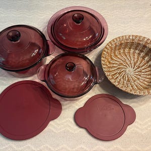 Vintage Corning Visions Cranberry Glass Casserole Set with Lids, 9-Piece Hostess Bundle, Purple Plum Cookware, Wicker Basket, Storage Lids