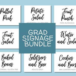 Bewerkbare bundel afstudeerfeestborden | Etiketten voor eten en drinken, kaartjes en cadeaus | Tentkaarten van 4 x 3 en een bord van 8 x 10 | Canvassjabloon