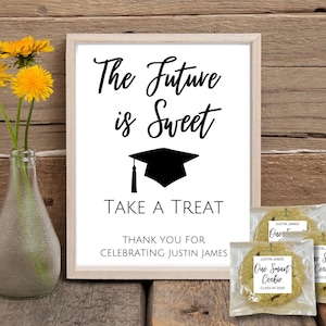 Gepersonaliseerd bedankbord voor afstuderen en één slimme set koekjesstickers | Bewerkbaar etiket feestbedankje | Afdrukbare sjabloon Sweet Future
