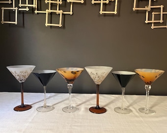Vintage Mismatched Martini Glasses – Set of 6 – Mikasa Cheers, Black Amethyst & Tortoiseshell – Eclectic Barware