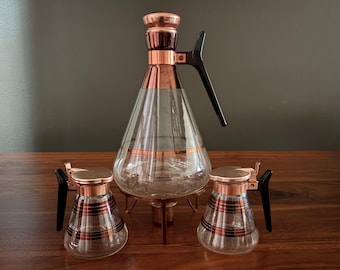 Vintage Inland Glass Coffee Carafe Set with Copper Accents| Mid-Century Modern Twin Waffle Servers