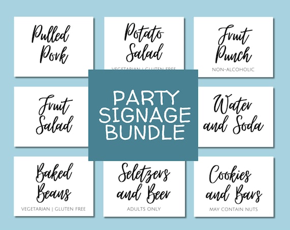 Editable Party Sign Bundle: food labels and Gift Sign Canva Template (Instant Download)