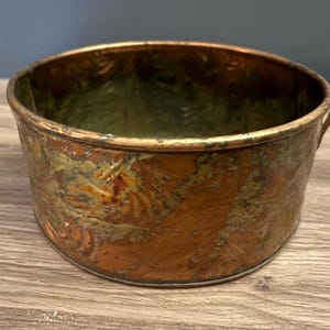 Vintage Etched Copper Planter Cachepot Brass Handles Floral Embossed Patina Pot