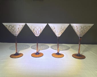 Mikasa Cheers Artistry Martini Glasses – Set of 4 – Vintage Amber Stem Frosted Glass Pattern