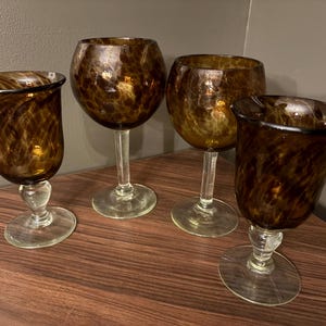 Mismatched Vintage Tortoiseshell Hand Blown Wine Glasses, Amber Leopard Print Goblets, Set of 4