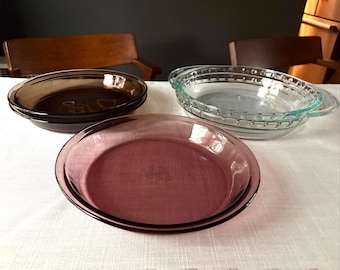Vintage Pyrex Pie Plates  – Cranberry, Amber, Fluted Aqua & Clear – 9.5” Glass Bakeware #209 #229