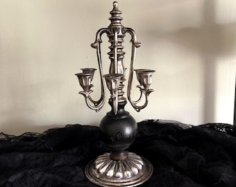 Vintage 6-Arm Piano Candelabra – Silver Plate and Black Wood  - Gothic Hollywood Regency Candle Holder