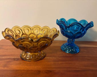 Vintage L.E. Smith Moon and Stars Compote Bowls – Blue Amber Glass | Candle Bowl