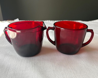 Vintage Anchor Hocking Royal Ruby Creamer & Sugar Bowl – 1940s Red Glass Set – Depression Glass Serveware